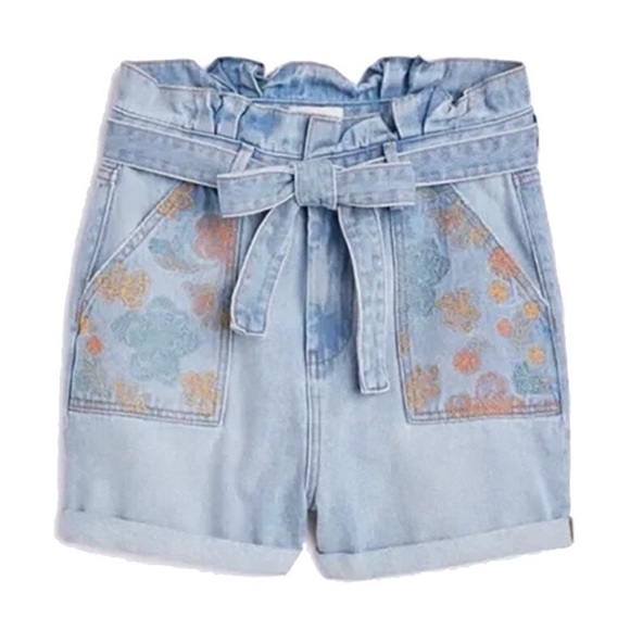 Driftwood Floral Embroidered Paperbag Blue High Waisted Denim Shorts - Picture 8 of 8